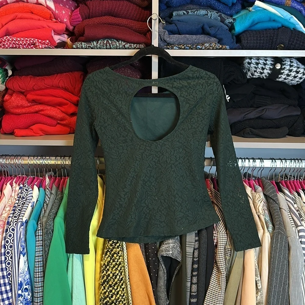 Zara green long sleeve back cutout lace top size S